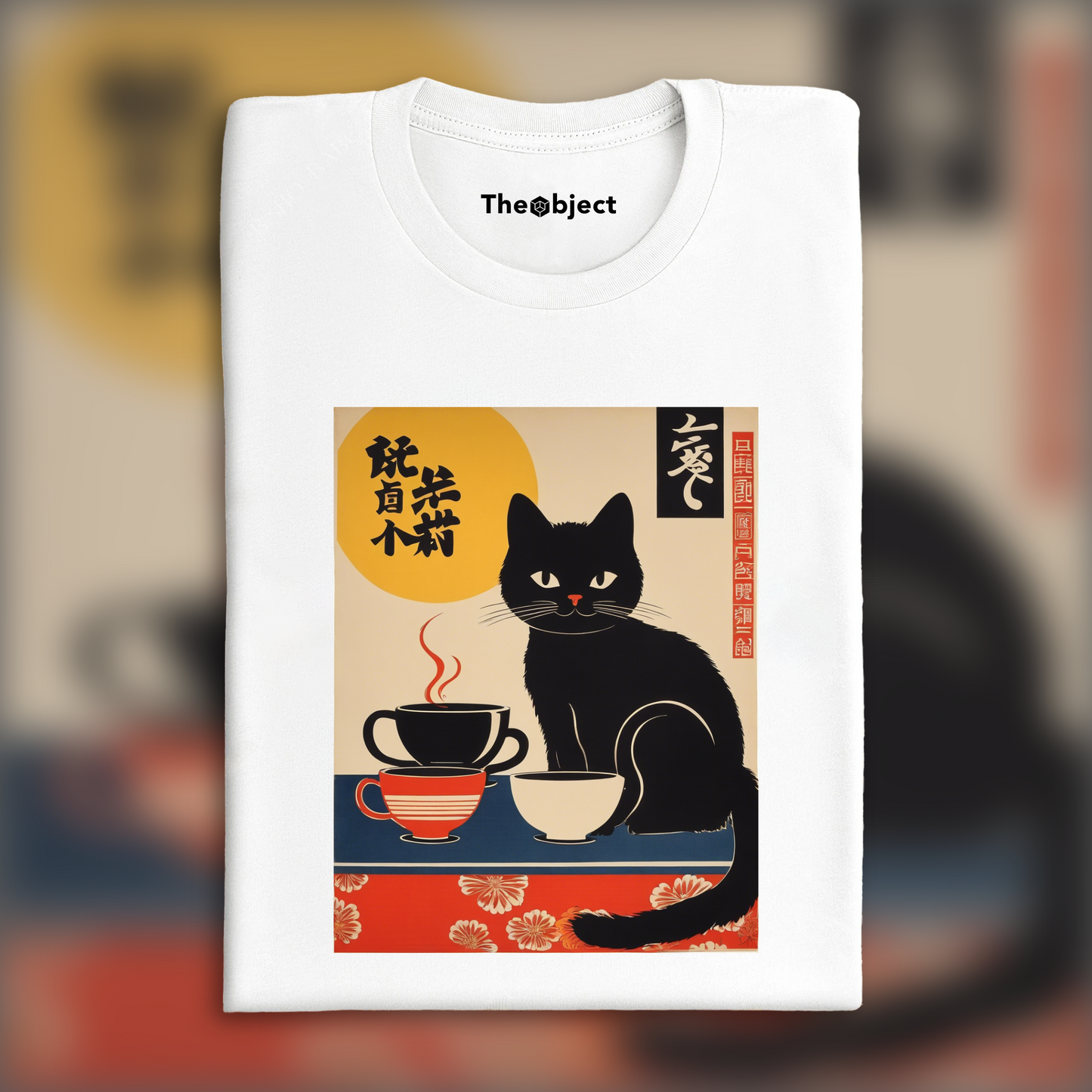 T-Shirt IA - Poster vintage japonais, un chat noir boit du café - 296803188