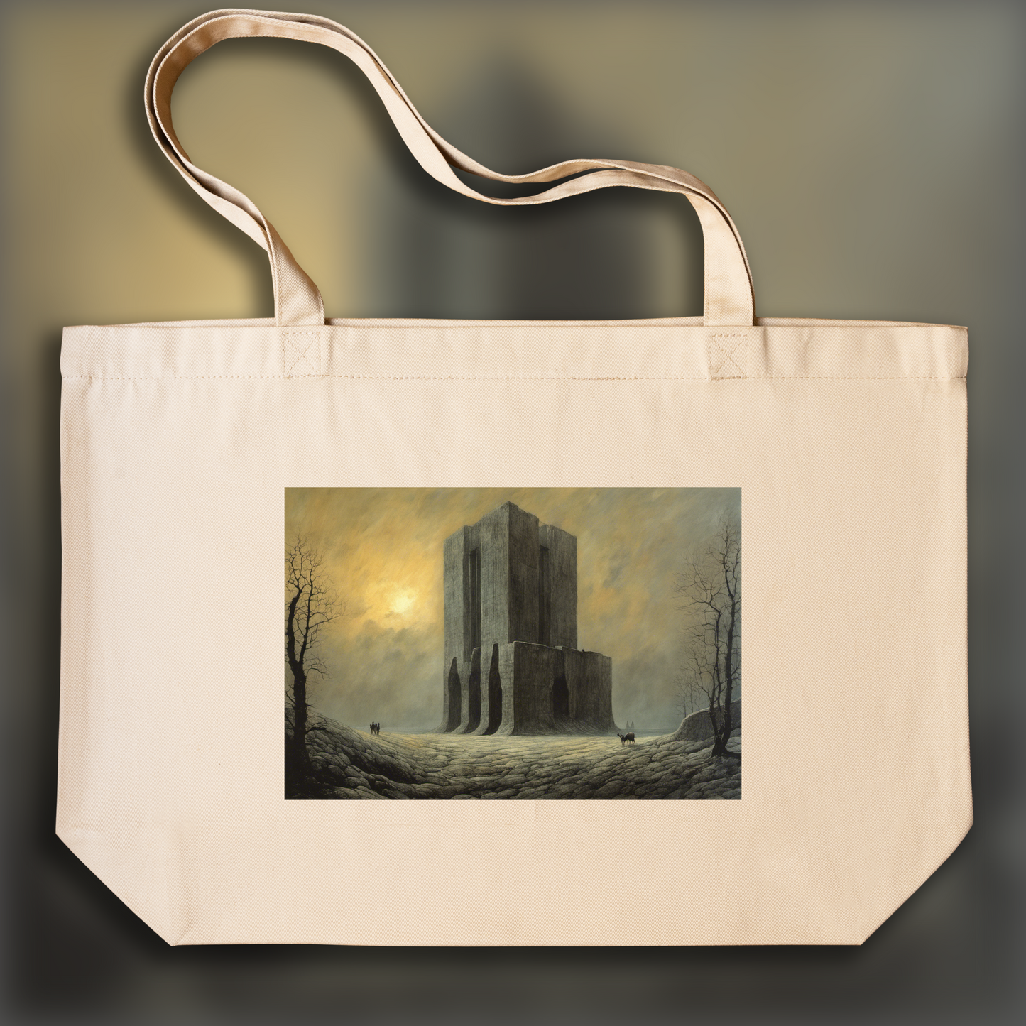 Tote bag large - Illustration of deinforced, atmospheric, dark and mystical band illustration, Brutalist architecture, city - 4013545664