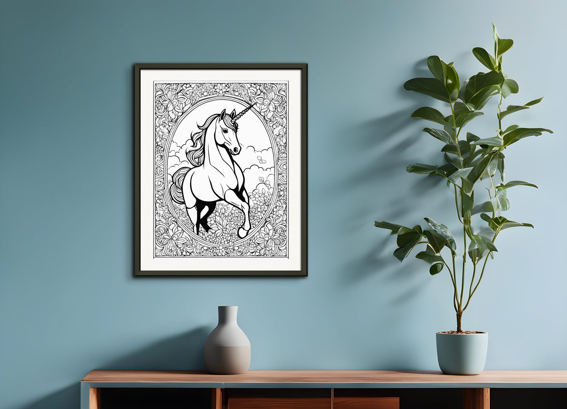 Poster with metal frame: Coloring page, Unicorn