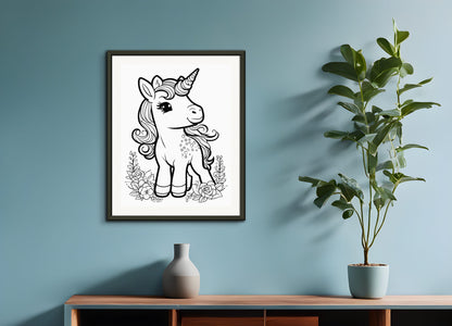 Poster with metal frame: Coloring page, A baby cute unicorn