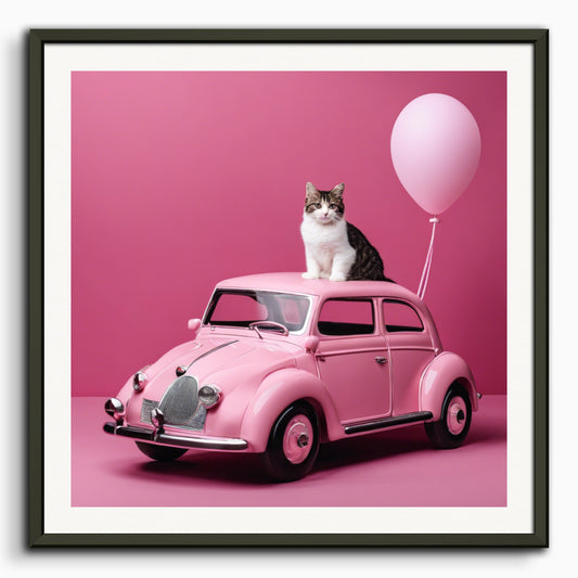 Poster: Voiture rose pour bébé avec un chat , Voiture rose pour bébé avec un chat 