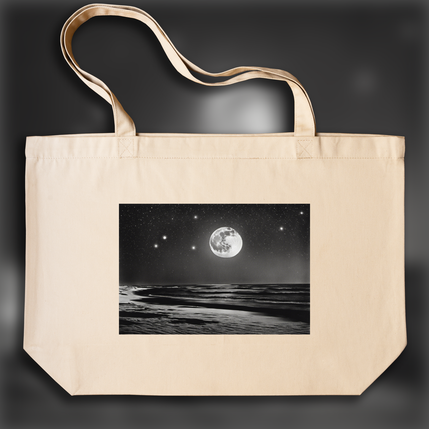 Tote bag ample - Photojournalisme moderne minimaliste, noir et blanc, Lune et ciel étoilé - 329409280