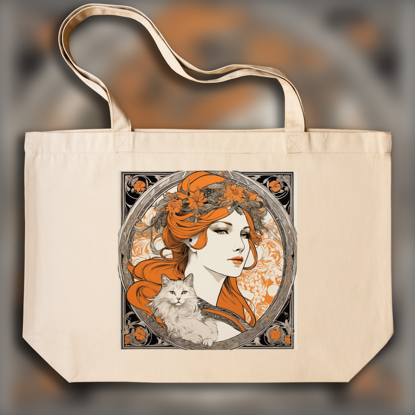 Tote bag ample - Alfons Mucha, Un Chat, Femme aux cheveux roux  - 4095171858
