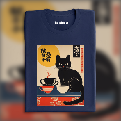 T-Shirt IA - Poster vintage japonais, un chat noir boit du café - 296803188
