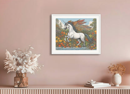 Poster with wood frame: Contemporary American comic strip naive, Unicorn