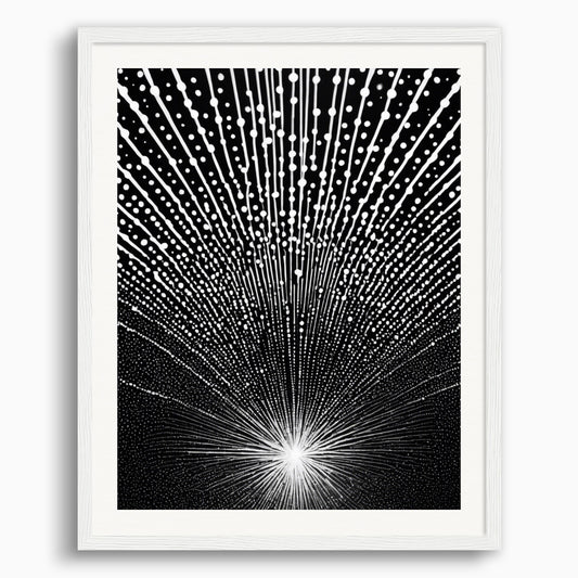 Poster: Black and white, cosmic pointillism, bursts of light, Fields