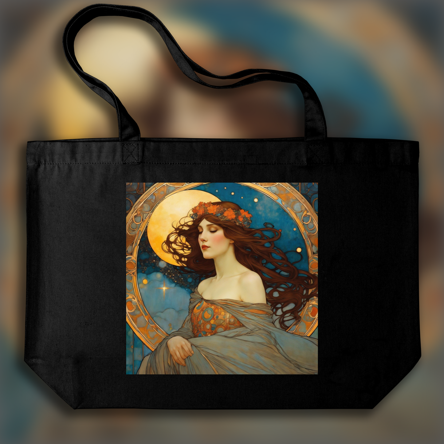Tote bag IA - Mystical comic Mucha Klimt waterhouse , Beautiful woman sorcerer sky is alight moody enticing enchanting - 630912348