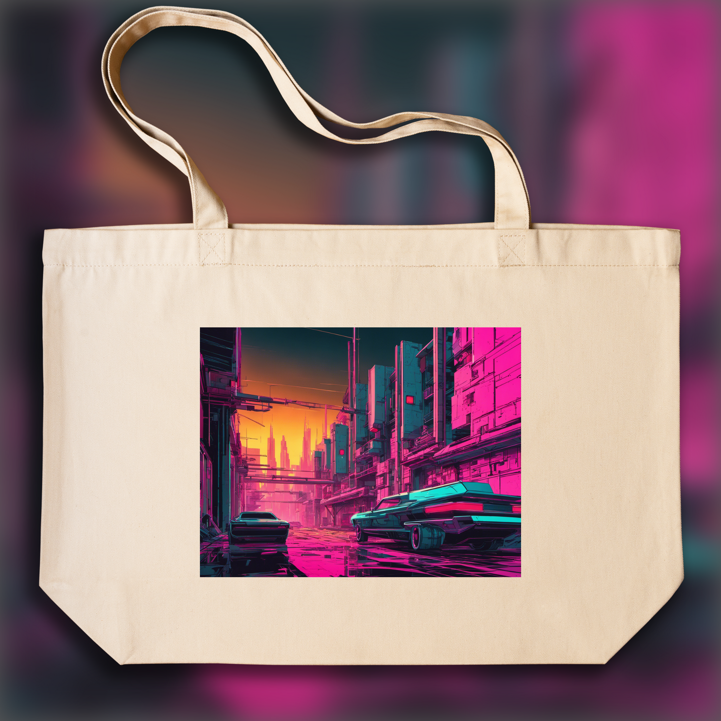 Tote bag ample - Neon punk, Brutalist architecture, city - 129903184