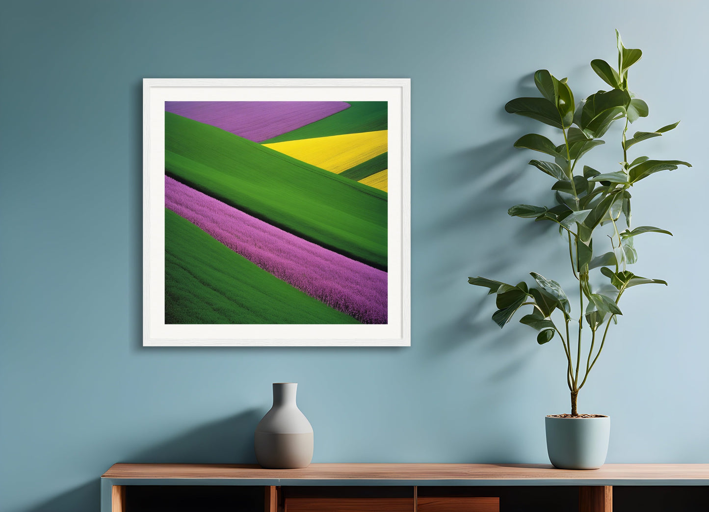 Poster with wood frame: Colorful and abstract images, capturing geometric compositions in landscapes, 
