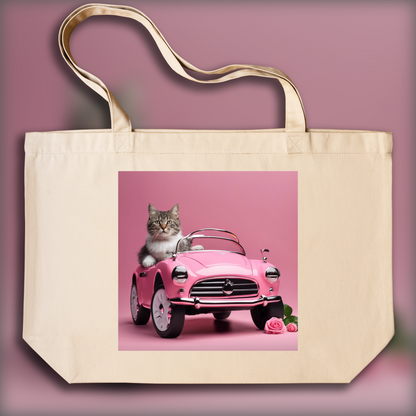 Tote bag IA ample écologique - Voiture rose pour bébé avec un chat , Voiture rose  électrique pour bébé avec un chat  - 3131974221