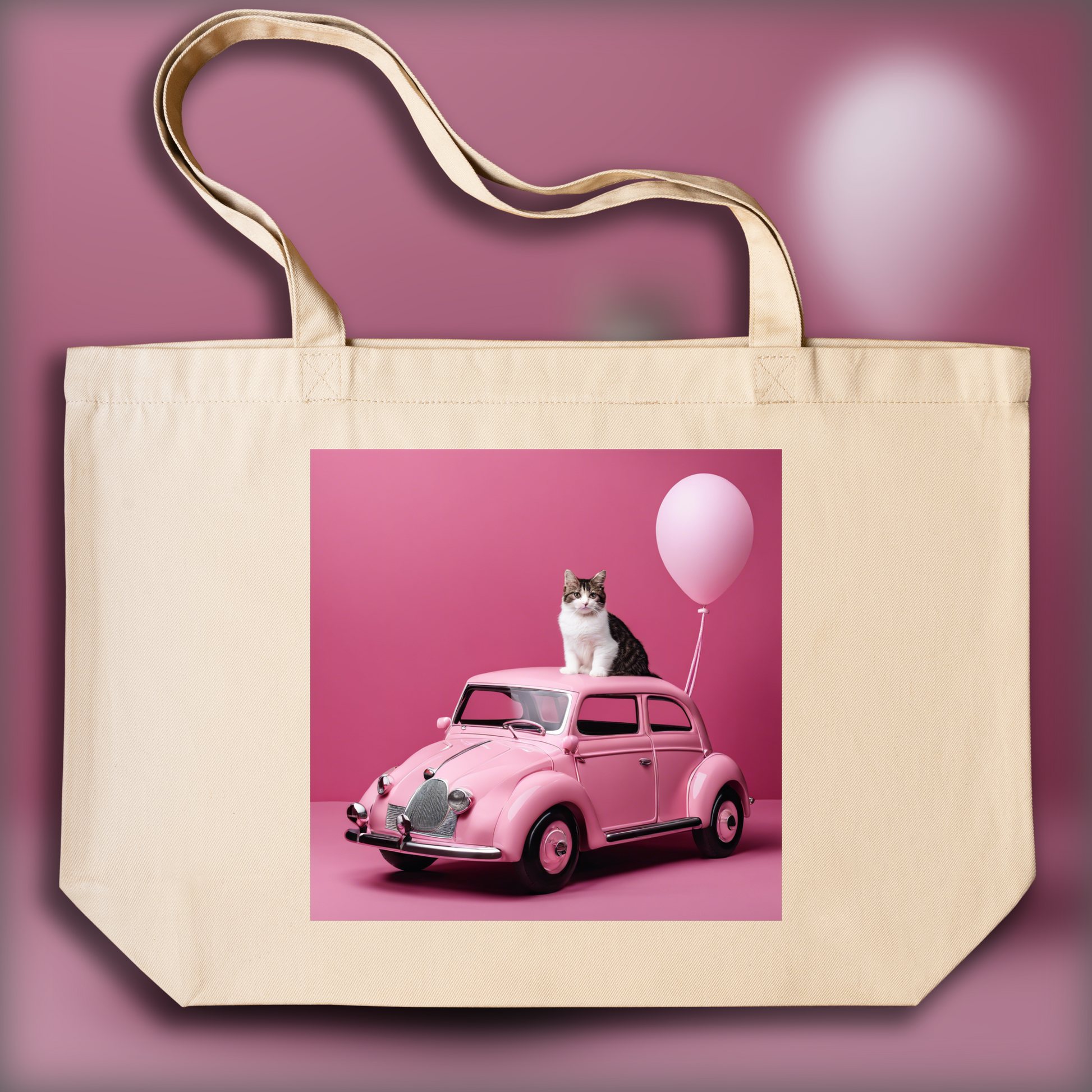 Tote bag IA ample écologique - Voiture rose pour bébé avec un chat ,  Voiture rose pour bébé avec un chat - 1816371159