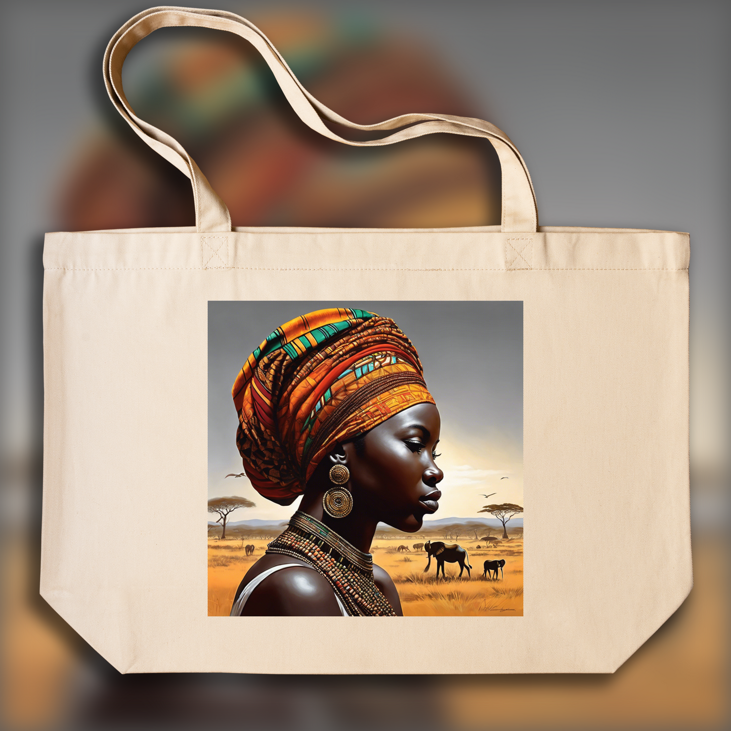 Tote bag IA ample écologique - Art africain, Paysage - 3510260112