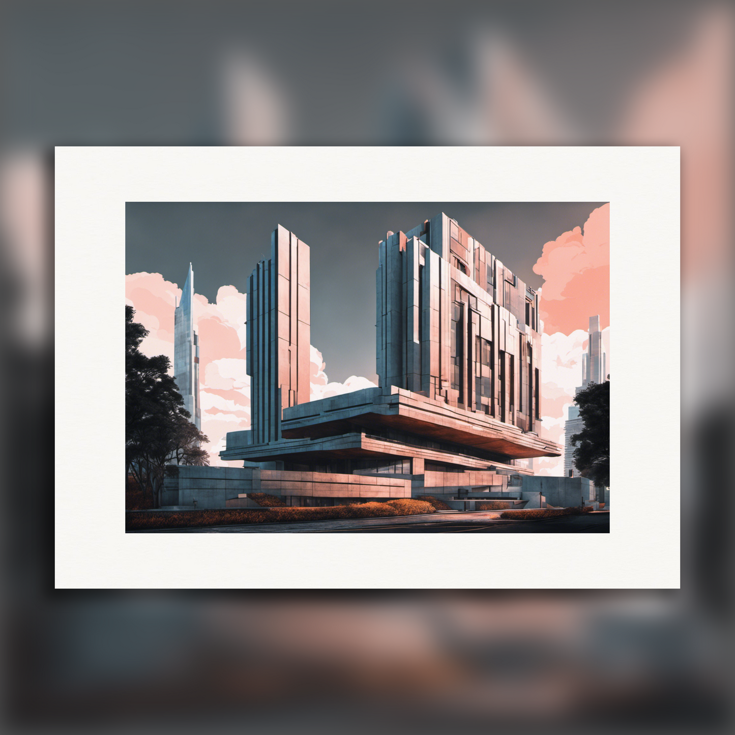 Affiche IA - Art néo-pop, Brutalist architecture, city - 1926590654