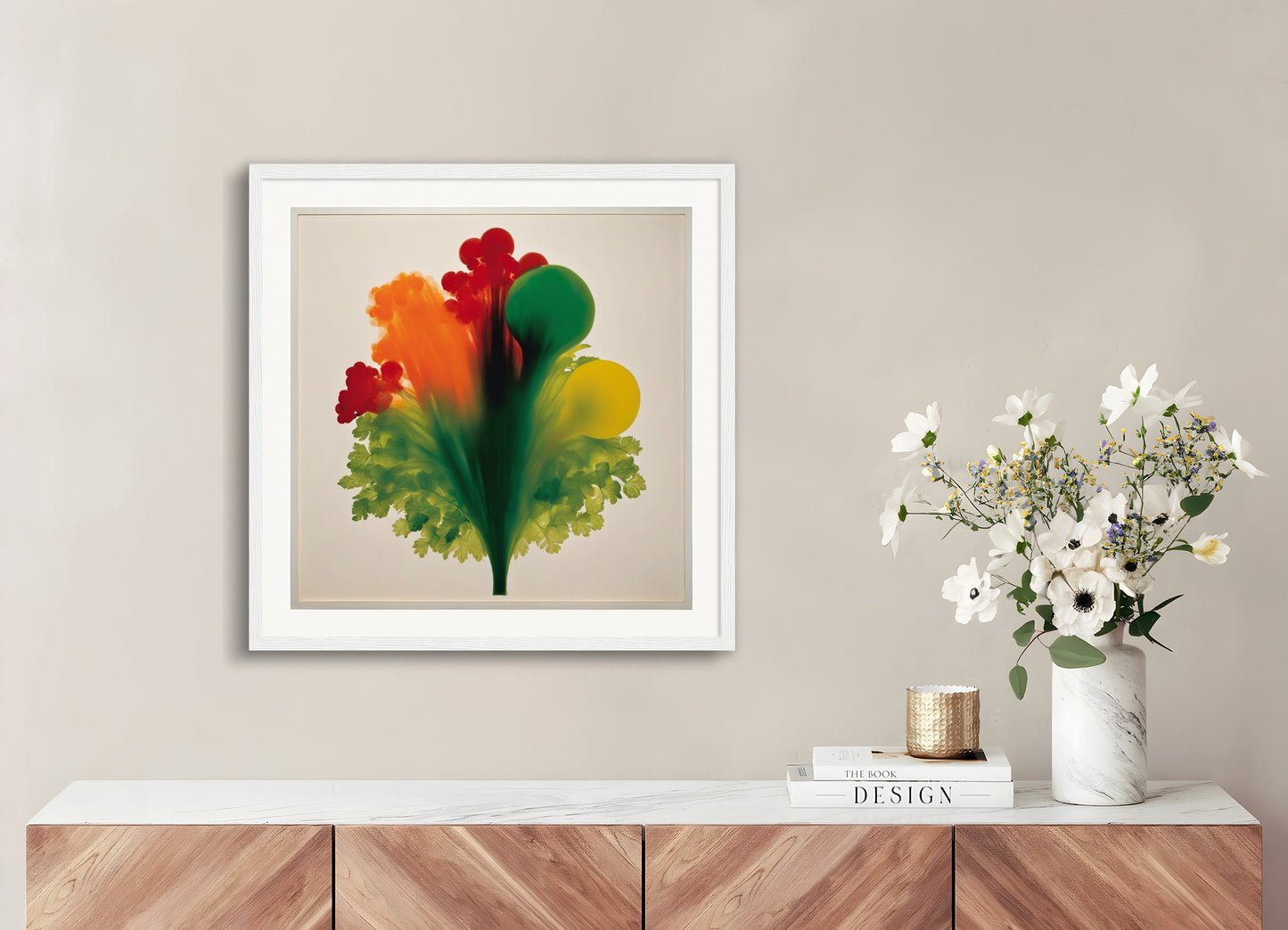 Poster with wood frame: Style centered on light and repetitive structures that explore the phenomena of perception and movement dynamics, Vegetables