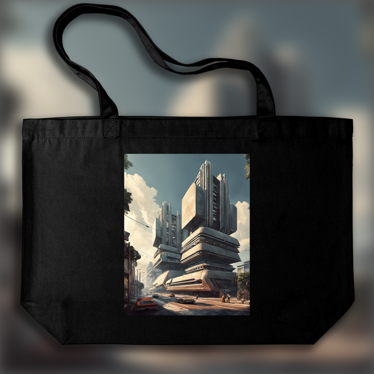 Tote bag ample - Retro future, Brutalist architecture, city - 2599149664