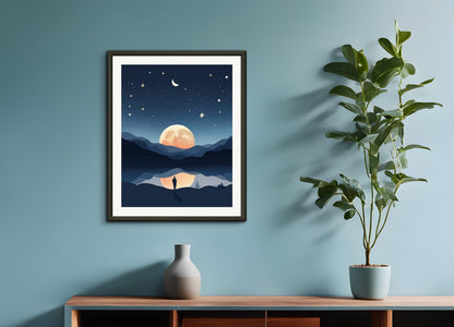 Poster with metal frame: Minimalism art, Moon and starry sky