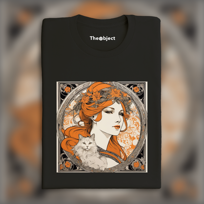 T-Shirt - Alfons Mucha, Un Chat, Femme aux cheveux roux  - 4095171858