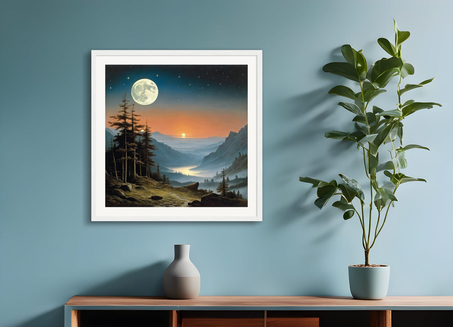 Poster with wood frame: Caspar David Friedrich, Moon and starry sky