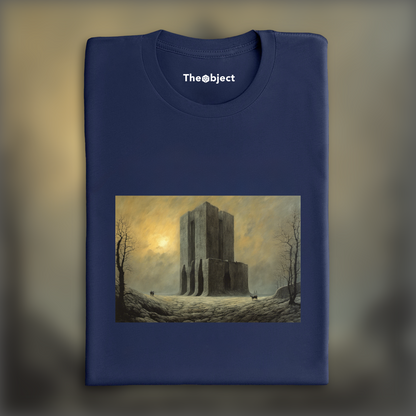 T-Shirt - Illustration of deinforced, atmospheric, dark and mystical band illustration, Brutalist architecture, city - 4013545664
