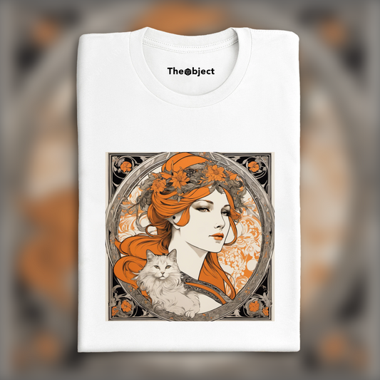 T-Shirt - Alfons Mucha, Cat, orange black white face, Women  - 4095171858