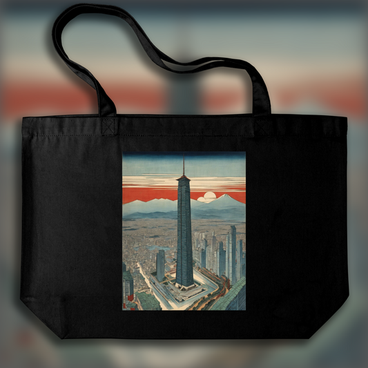 Tote bag IA - Hiroshige, futuristic skyscraper - 726871588