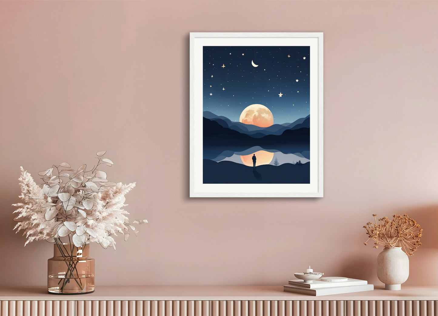 Poster with wood frame: Minimalism art, Moon and starry sky