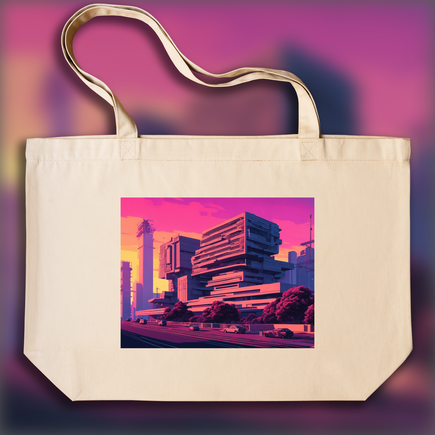 Tote bag large - Vaporwave, Brutalist architecture, city - 218220864