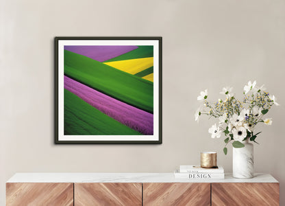Poster with metal frame: Colorful and abstract images, capturing geometric compositions in landscapes, 