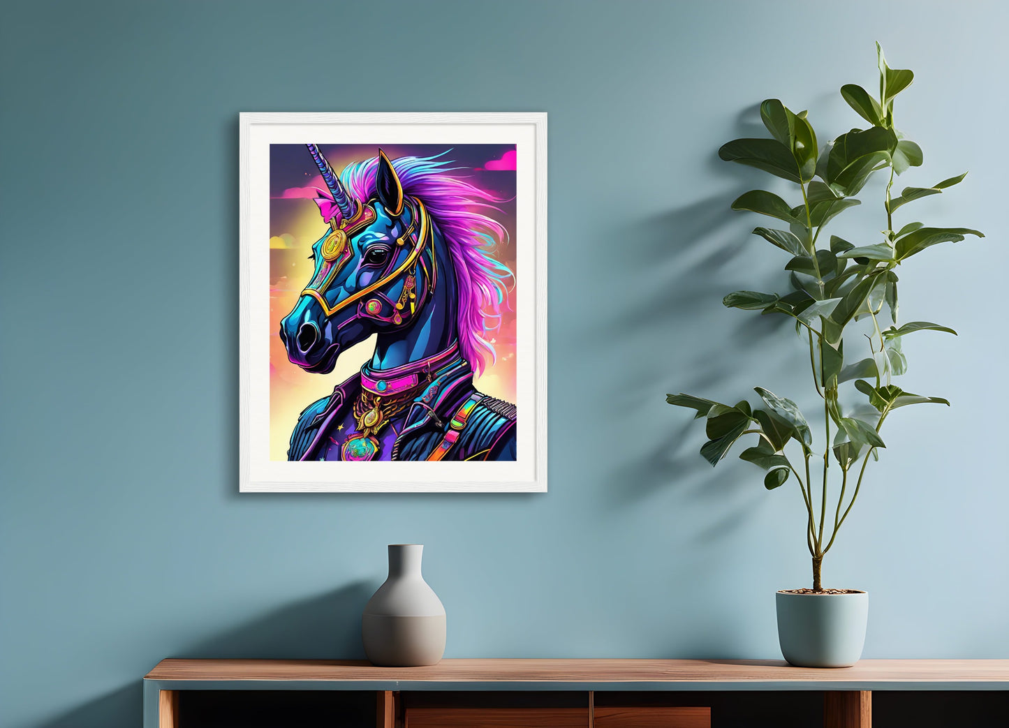 Poster with wood frame: Neon punk, Unicorn