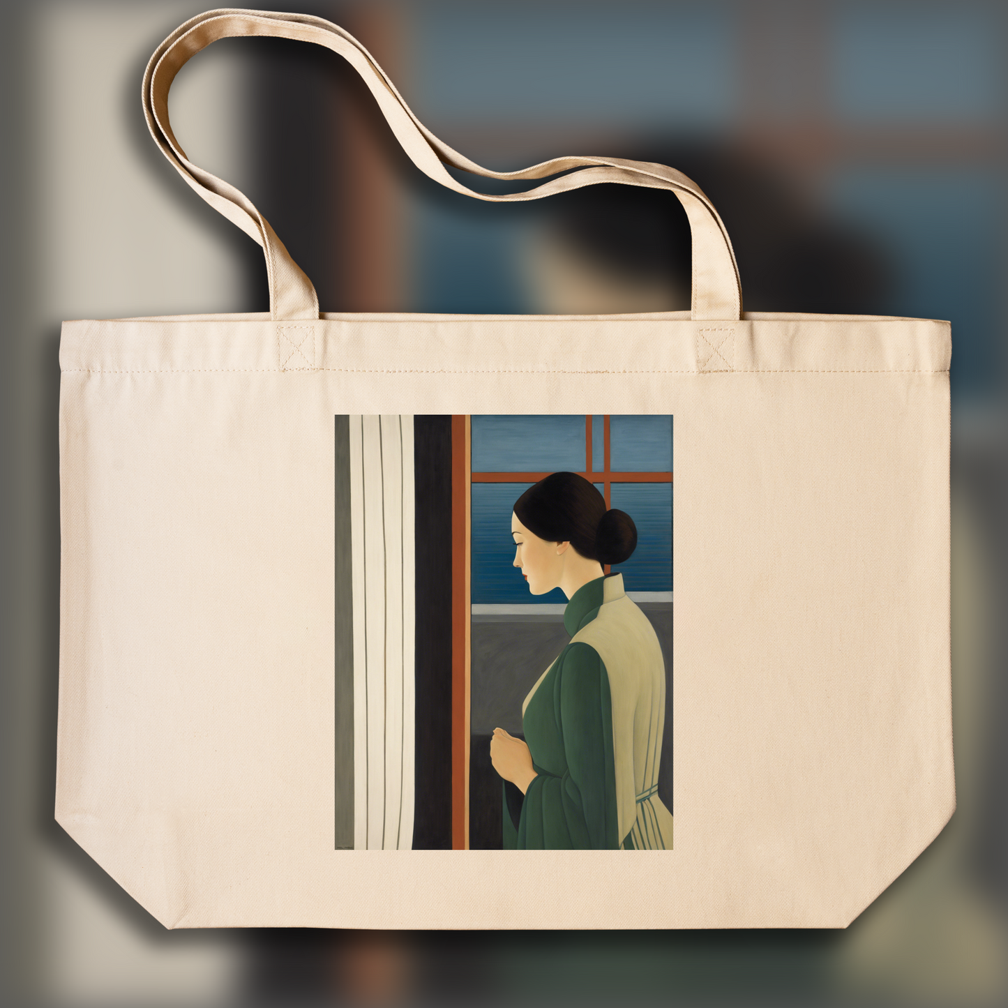 Tote bag IA ample écologique - Peinture américaine contemporaire onirique et transcendante, a women looking at the window - 3475385370
