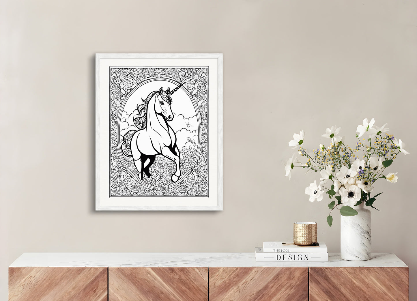 Poster with wood frame: Coloring page, Unicorn