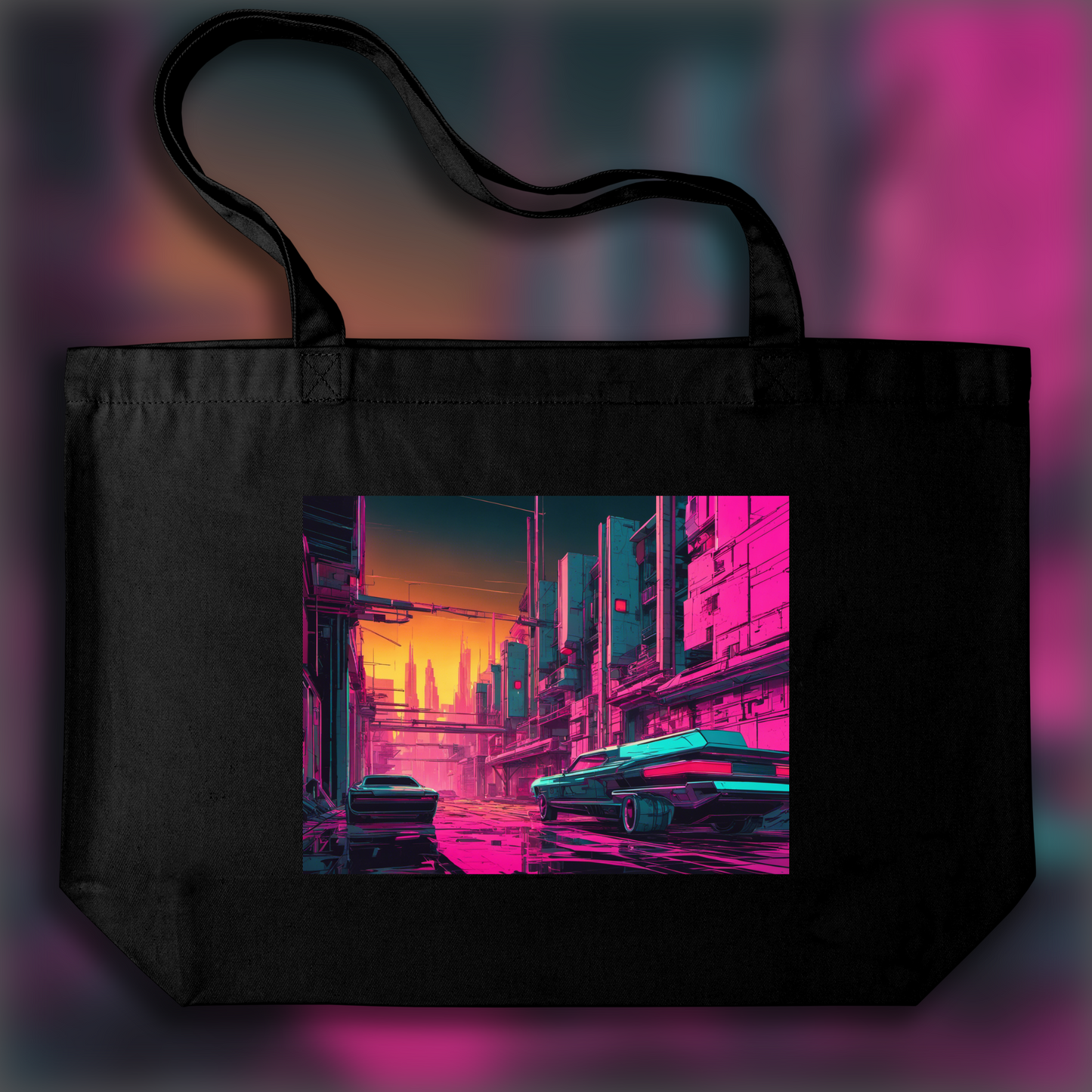 Tote bag ample - Neon punk, Brutalist architecture, city - 129903184