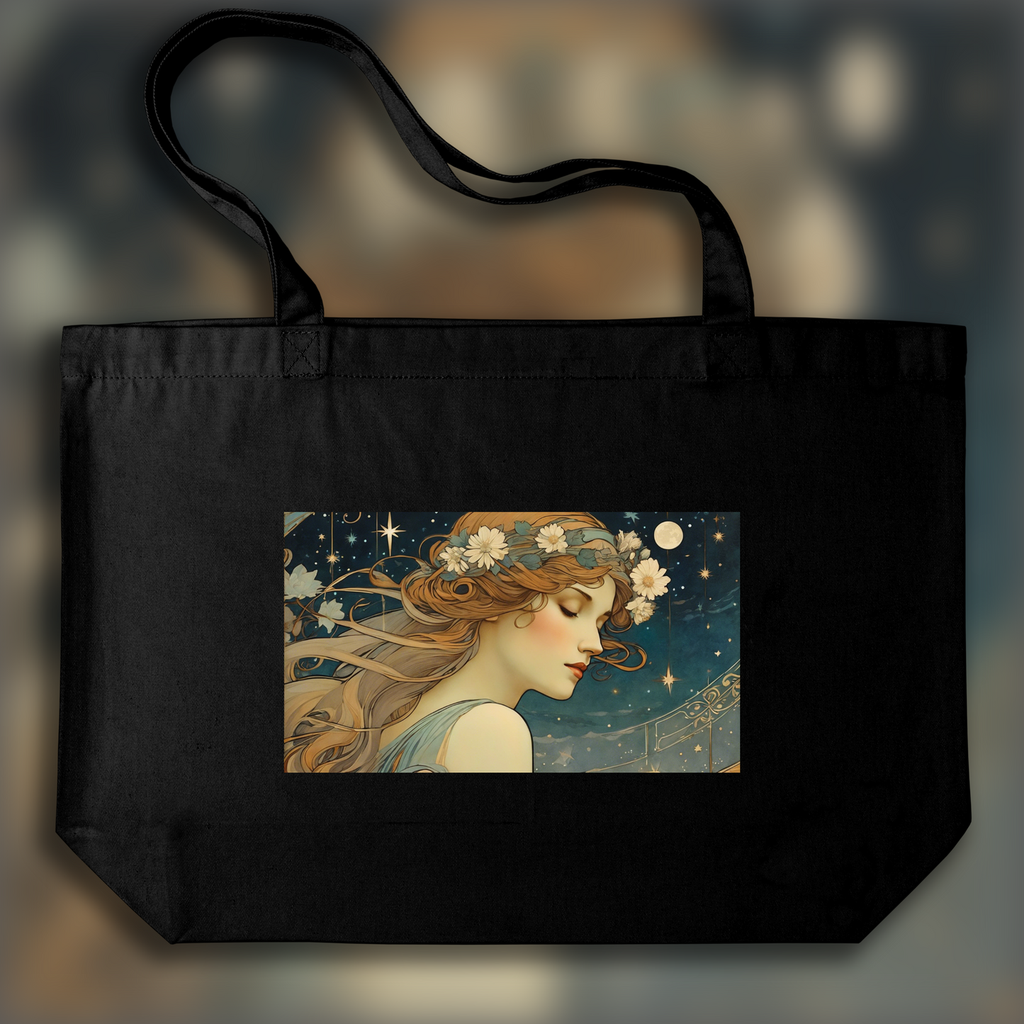 Tote bag IA - Alfons Mucha, Portrait de Femme sous un ciel étoilé - 3970268897