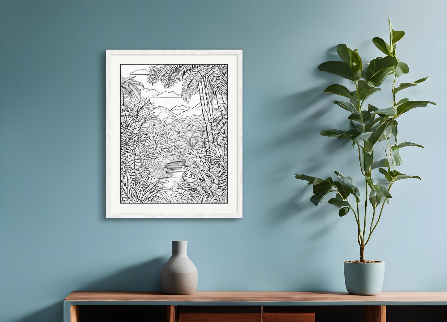 Poster with wood frame: Coloring page, Jungle