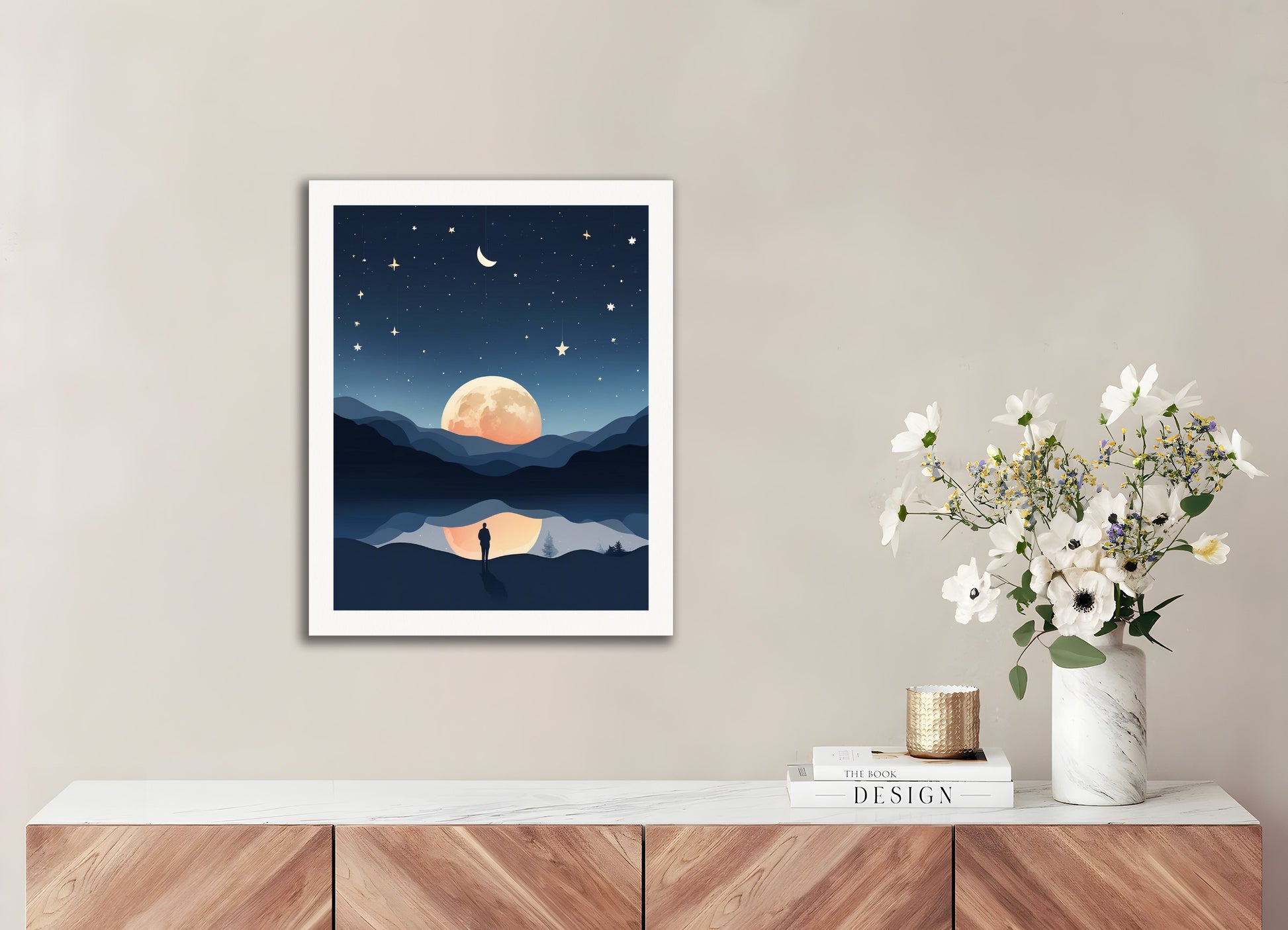 Poster: Minimalism art, Moon and starry sky