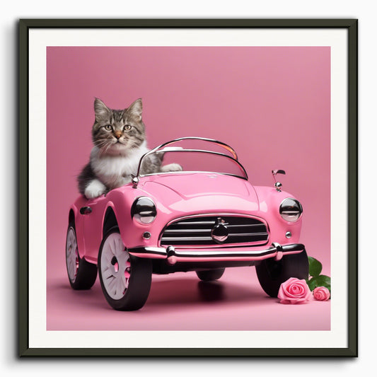 Poster: Voiture rose pour bébé avec un chat , Voiture rose  électrique pour bébé avec un chat 