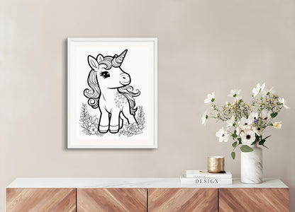 Poster with wood frame: Coloring page, A baby cute unicorn