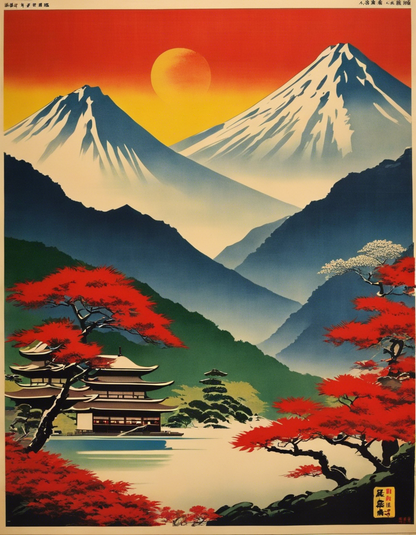 T-Shirt IA - Poster vintage japonais, Montagnes - 1258984430