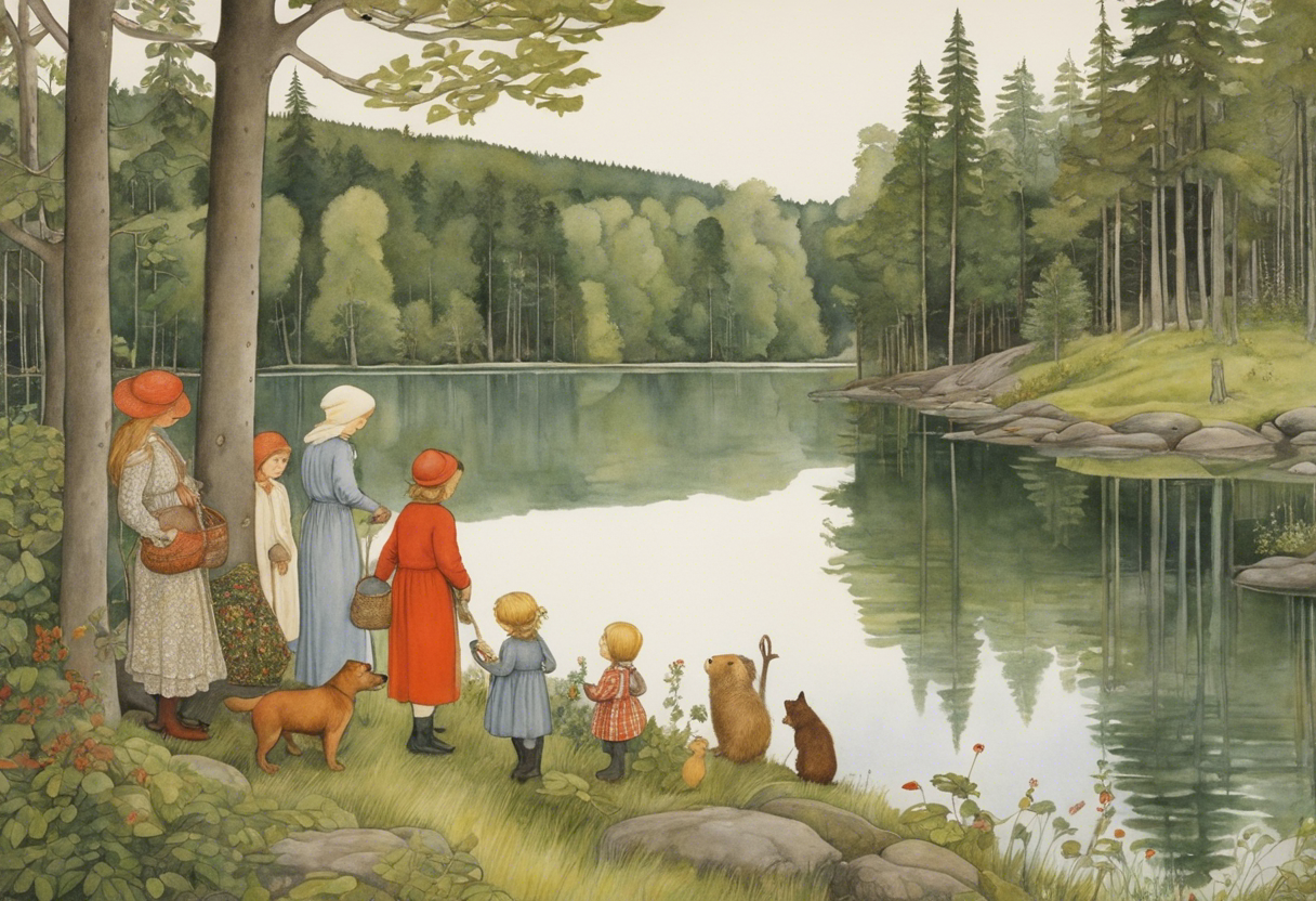 Image IA - Elsa Beskow, A family near a lake, a forest - 656835157