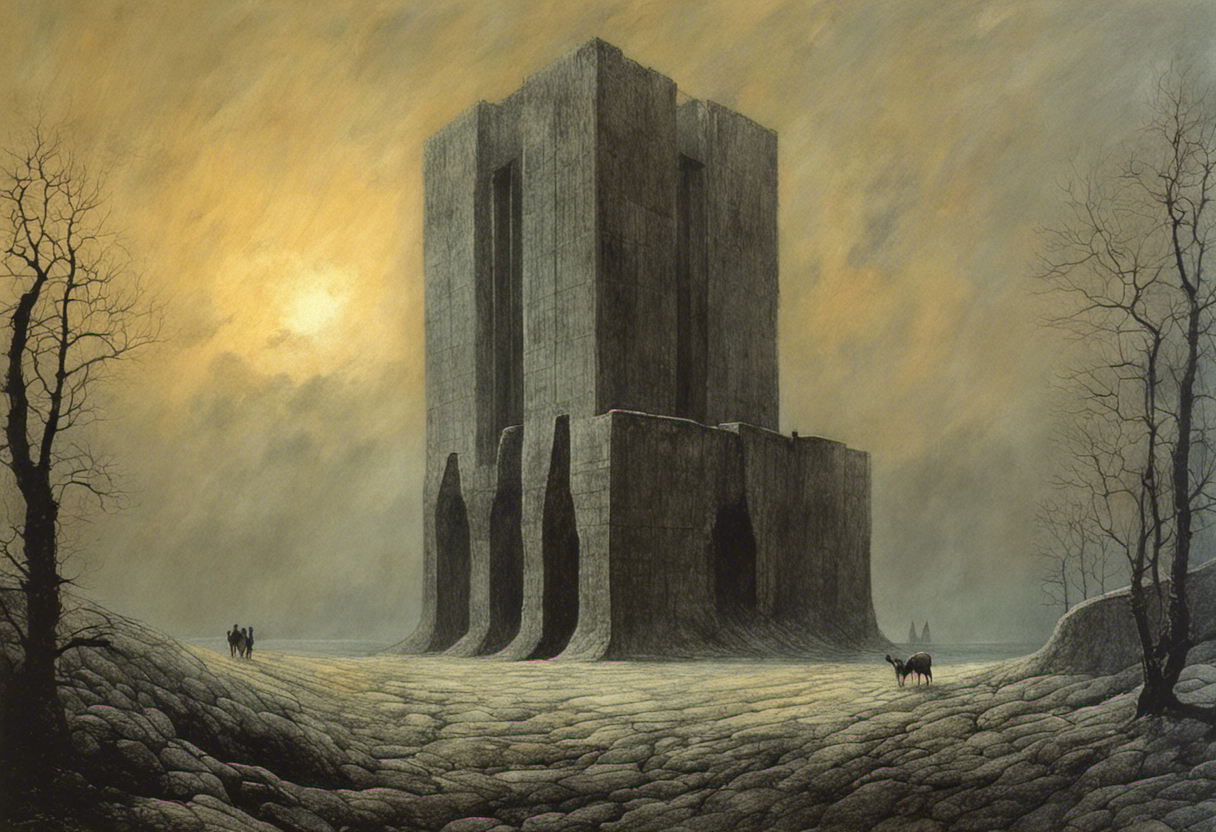 Tote bag large - Illustration of deinforced, atmospheric, dark and mystical band illustration, Brutalist architecture, city - 4013545664
